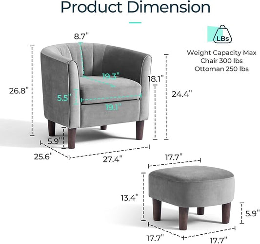 LINSY Accent Chair with Ottoman, Modern Barrel Chair Comfy Armchair Reading Chair with Footrest, Round Arms Chair for Living Room Bedroom Reading Room, Velvet, Light Grey