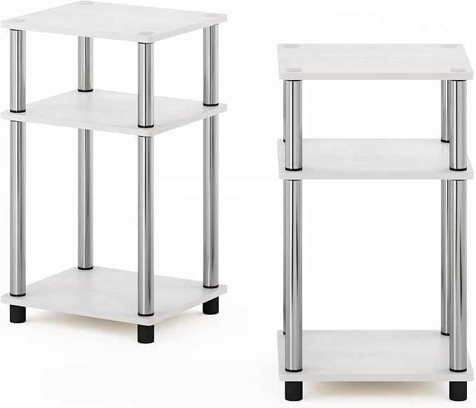 Furinno JUST Side Table Set of 2, 3-Tier Modern End Tables, Toolless Assembly Night Stand, Nightstand, Toolless Assembly, for Living Room, Bedroom, White Oak/Stainless Steel