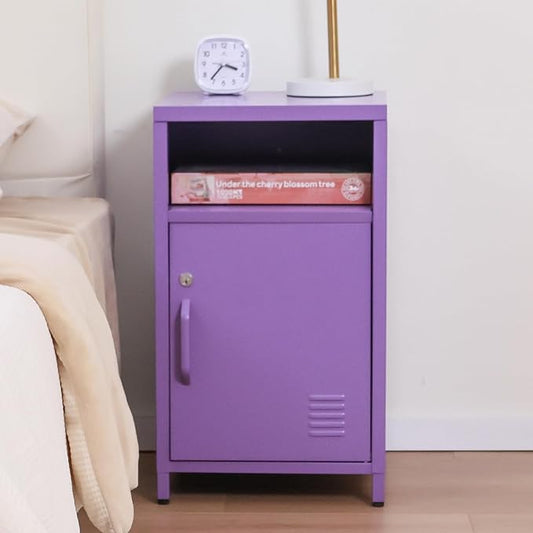 ALBAD Compact Metal Nightstand with Lockable Cabinet and Open Shelf, Modern Bedside Table, Versatile Side Table for Bedroom, Living Room, or Office (Purple, 26" H-Lockable Door)