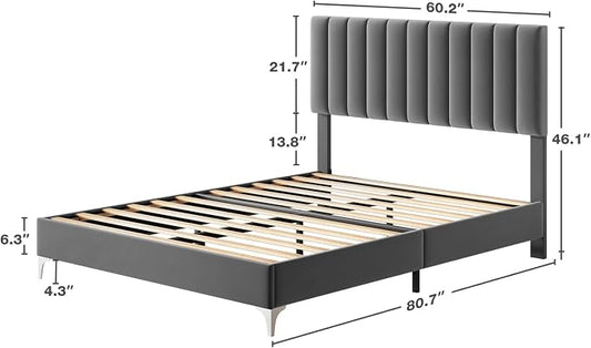 IDEALHOUSE Queen Size Bed Frame with Adjustable Headboard, Velvet Upholstered Platform Queen Bed Frame with Strong Wooden Slats, Non-Slip and Noise-Free, No Box Spring Needed, Easy Assembly, Grey