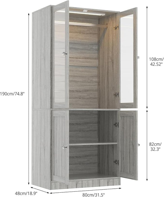 VOWNER 75" Tall Armoire Wardrobe Closet with Drawers & Lights, Clothing Storage Cabinet with 2 Glass Doors & Hanging Rod, Wooden Armoire Storage Cabinet for Bedroom (Grey Oak, 75''H)