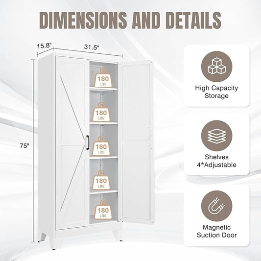 Yizosh Metal Storage Cabinet with Doors and 4 Adjustable Shelves - 75" White Kitchen Pantry Storage,4-Tier Tall Steel Cabinet Locker for Kitchen,Living Room,Dining Room