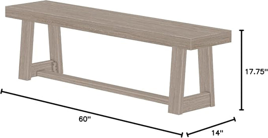 Plank+Beam 60 Inch Farmhouse Dining Bench, Solid Wood Entryway Bench, Wooden Outdoor Bench, Kitchen Dining Seat, Dining Room, Home Office, Living Room Furniture, Easy Assembly, Seashell Wirebrush