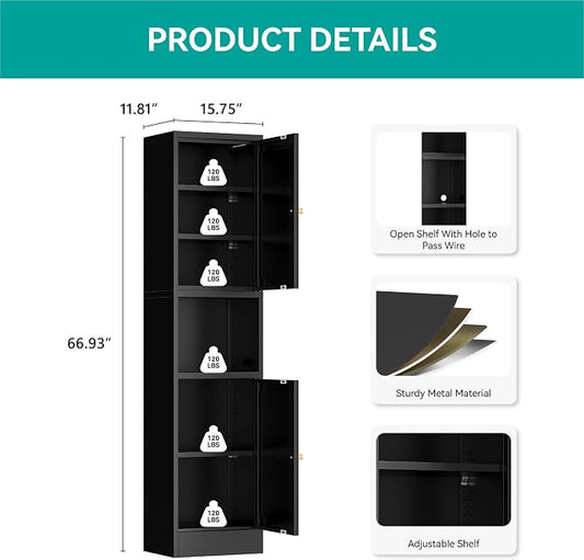 67" Tall Narrow Storage Cabinet with Doors and Open Shelf,Metal Pantry Cabinet,Shaker Style Slim Cabinet with Adjustable Shelves,for Bathroom Kitchen Laundry Small Spaces, Black, 1Pc