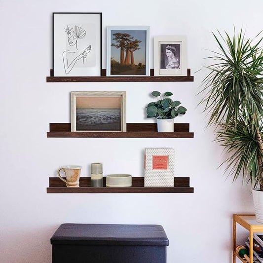 MBYD Picture Ledge 3 Same Dimensions, 24 Inch Deep Walnut Solid Wooden Shelves for Wall, Wall Mount Floating Nursery Shelf for Home, Kitchen, Office, Living Room, Bedroom, Bathroom