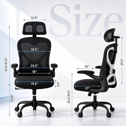 Home Office Desk Chairs, Ergonomic Office Chair with Lumbar Support & 3D Headrest, Computer Desk Chair with Flip-up Armrests, Perfect for Office or Study, Black/Silver