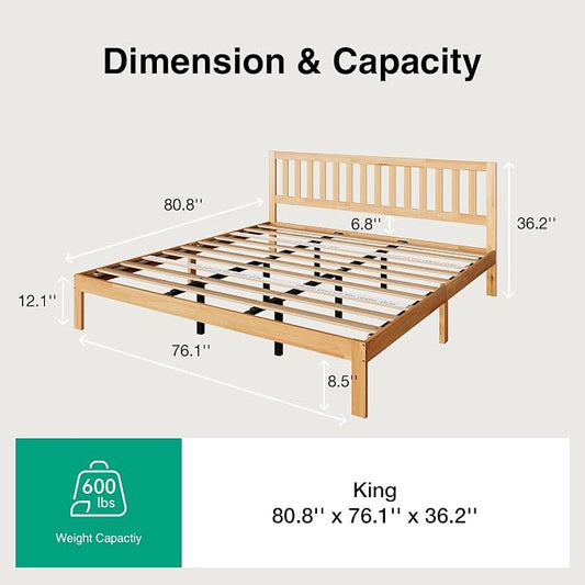 Novilla 12 Inch King Size Bed Frame Solid Wooden King Bed Frame and Headboard, King BedFrames with Classic Headboard, No Box Spring Needed, Easy Assembly, Natural Grain Wood