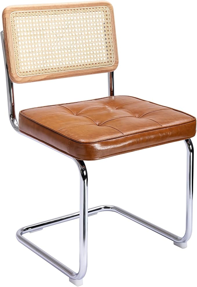 Zesthouse Natural Rattan Dining Chairs Set of 6, Mid Century Modern Dining Room Chairs with Chrome Leg, Faux Leather Kitchen Chair with Solid Wood Back & Cane Mesh, Breuer Cesca Design Inspired, Brown