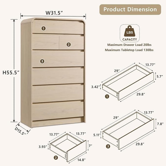 Aitjunz Modern 7 Drawers Dresser for Bedroom, 55" Tall Dressers, Cream | Wooden Dressers & Chest of Drawers w/Curved Profile Design, Mid Century Vertical Storage Dressers Organizer for Bedroom