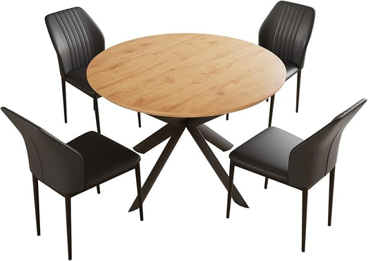 HIPIHOM Oak Extendable Round Dining Kitchen Table 43.2"-59.1" | Mid century modern style, sturdy construction, space saving, fits 4-6 people, coffee table alternative