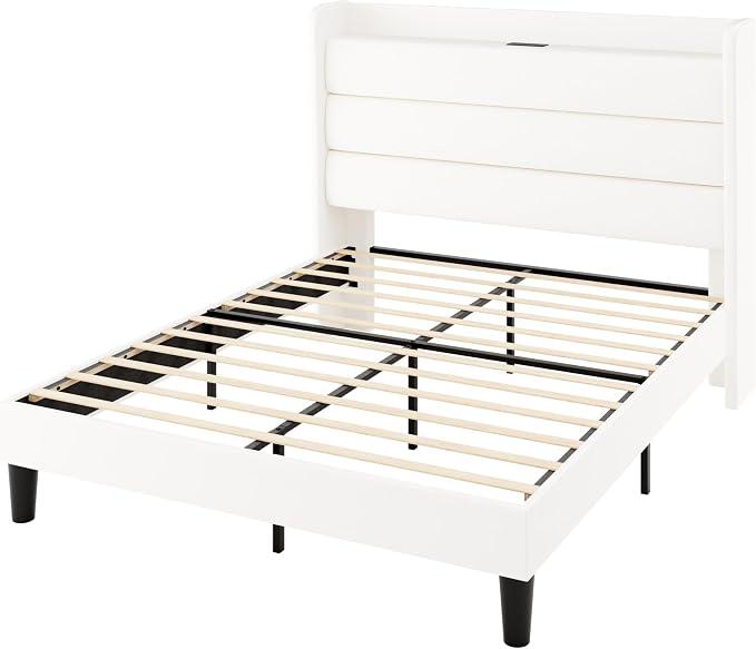 Allewie Queen Size Upholstered Bed Frame with Charging Station & Storage Headboard, Soft Velvet Wingback Platform Bed, Strong Wooden Slats Support, No Box Spring Needed, Easy Assembly, White