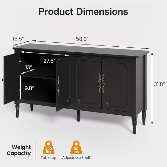 RoyalCraft Buffet Cabinet with Storage, 59" Vintage Sideboard with Adjustable Shelves, Mid Century Modern Painted Credenza Coffee Bar for Kitchen, Dining Room, Entryway, Living Room, Satin Black