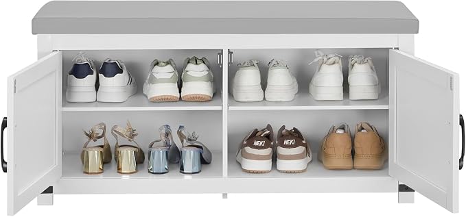 Hzuaneri Shoe Storage Bench, 2 Tier Shoe Bench with Padded Seat Cushion & 2 Barn Doors, Entryway Bench with Adjustable Shelf, Farmhouse Shoe Cabinet for Living Room, Bedroom, White SB26603GY