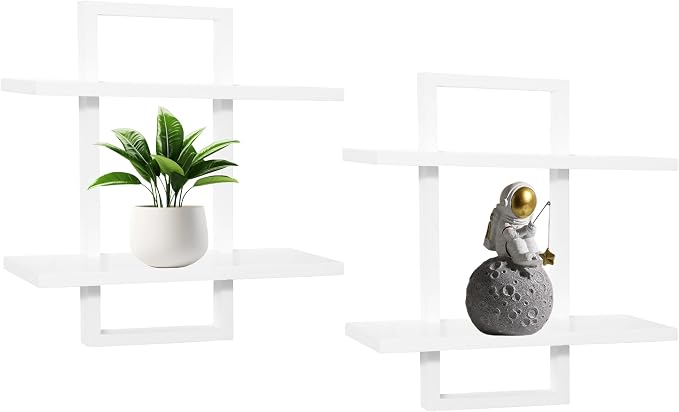 PHOENANCEE Floating Shelves for Wall,Display Hanging Shelf Set of 2,Modern Decorative Plants Shelves,Wood Home Decor Storage Chic for Living Room Bedroom Bathroom Office,Oak Frame,2-Tier,White