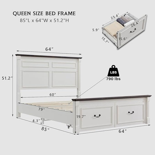 Aitjunz Farmhouse Queen Size Bed Frame with 51" Tall Headboard, Wood Platform Bed Frame with 20" Tall Roman Column Decoration Footboard & 2 Large Storage Drawers, No Box Spring Needed (White)