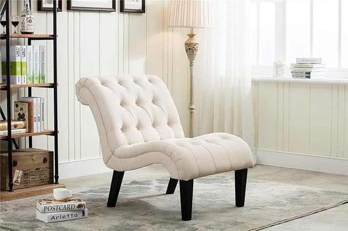 Mid Century Modern Accent Chair, Button Tufted Armless Lounge Chair, Upholstered Linen Side Chair with Solid Wood Legs for Bedroom, Living Room, Office
