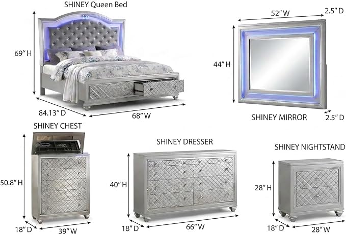 First of a Kind Shiney Contemporary 5 Piece Queen Bedroom Set High Gloss Silver Finish with Upholstered Headboard, Sleek Modern Bedroom Furniture Set for Coordinated Interiors