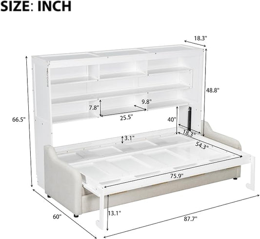 MERITLINE Full Horizontal Murphy Bed with Sofa and Storage Shelves, LED Light, Solid Wood Space Saving Hideaway Murphy Wall Bed with Couch and Storage for Adults (Beige,Full)