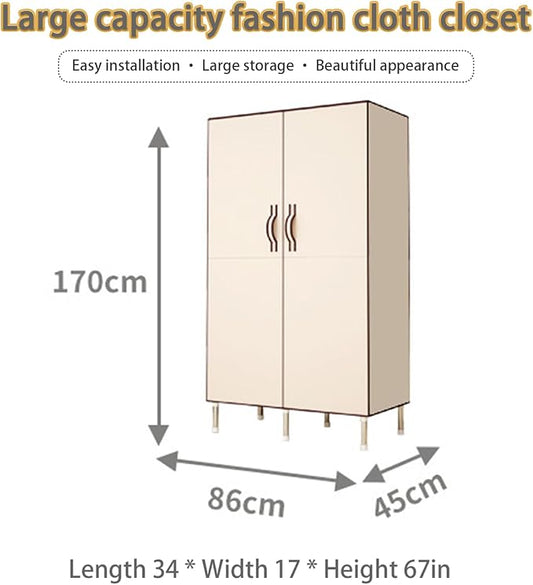 Portable Closet Clothes Organizer 34in Simple Non-Woven Fabric Wardrobe Closet Multi-Functional Clothes Storage Cabinet with Cover and Clothes Hanging Rod-Gray