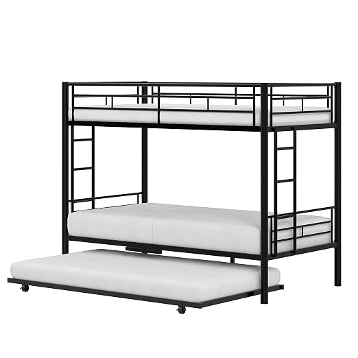 VECELO Twin Over Twin Bunk Bed with Trundle, Black | Metal Bunkbeds, 2 Side Ladders, Full-Length Guardrail, Noise Free, No Box Spring Needed