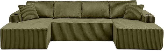 124" Modular Sectional Sleeper Sofa, Boneless Cloud Couch for Living Room, U Shaped 5 Seat Sofa with 2 Storage Pockets& 2 Cup Holders, Free Combination, No Assembly Required