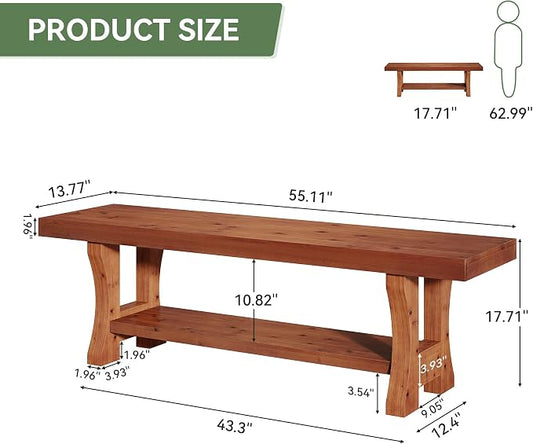 Solid Wood Entryway Bench, 55" End of Bed Bench, Long Indoor Dining Seat for Hallway, Bedroom, Living Room, Dining Room, Easy Assembly, Red Brown