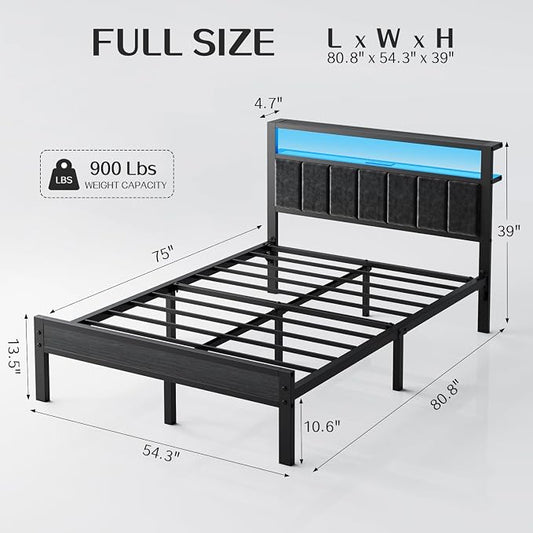 OLEVS Full Size Bed Frame with LED Lights & Charging Station, Modern Platform Bed with Upholstered Storage Headboard, No Box Spring Needed Easy Assembly