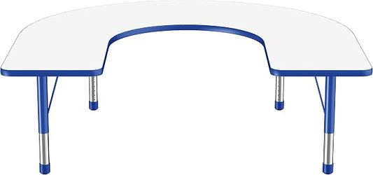 FDP Dry-Erase Horseshoe Activity School and Classroom Kids Table (60 x 66 inch), Chunky Toddler Legs for Collaborative Spaces, Adjustable Height 15-24 inches - Whiteboard Top, Blue Edge and Legs