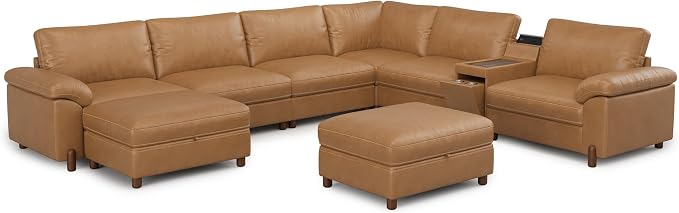 SITJOY Large Cloud Couch, 138" Wide 6 Seater V Shaped with Console, Brown | Pet-Friendly Scratch-Resistant Leather Sectional Sofas for Living Room, Deep Seat Wide Couch with Chaise, Storage Ottoman