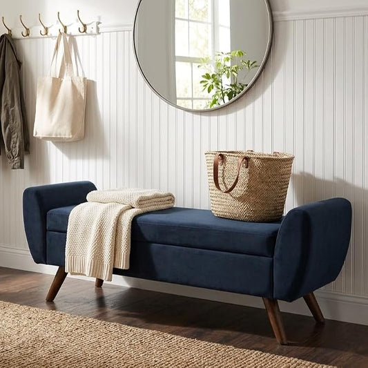 HomePop 60" Modern Storage Bench with Wood Legs - Blue Velvet
