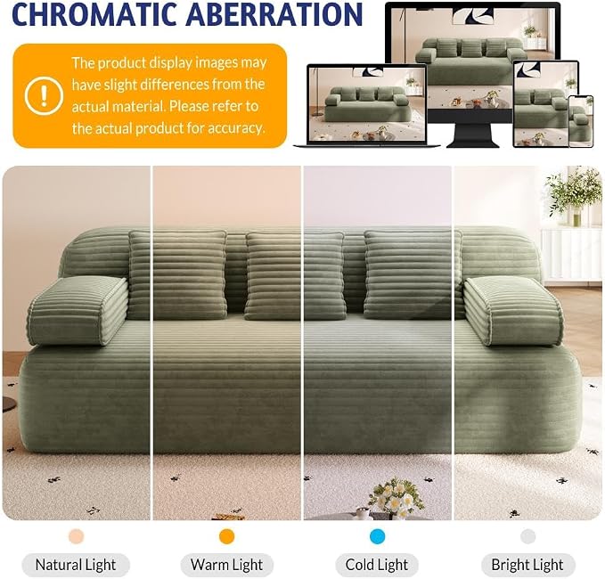 78.7" Queen Sofa Bed, Corduroy Boneless Couch in a Box, No Assembly | 30.7" extra-deep seat converts to a 78.7" x 60" queen sleeper with 3 pillows, no assembly, ideal for small spaces, Green