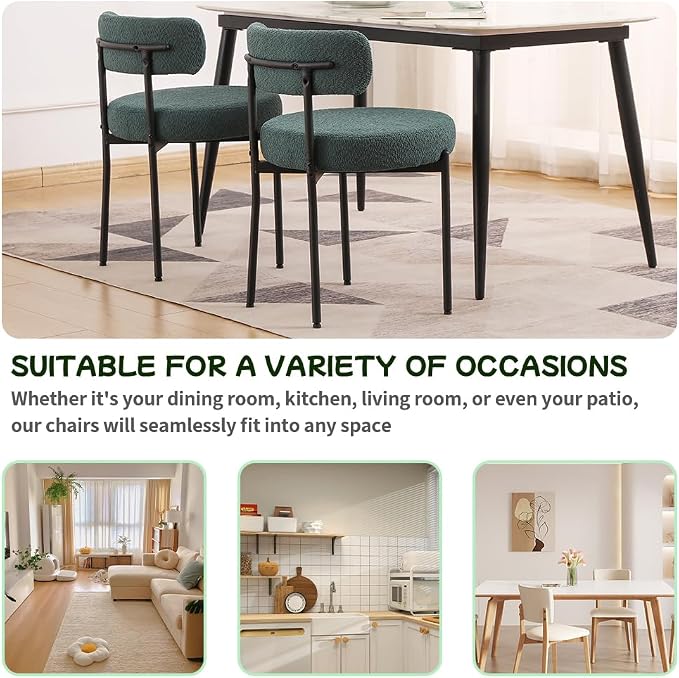 EDWELL Boucle Dining Chairs Set of 2, Round Upholstered Dining Room Chairs with Black Metal Legs, Modern Kitchen Chair for Dining Room, Kitchen