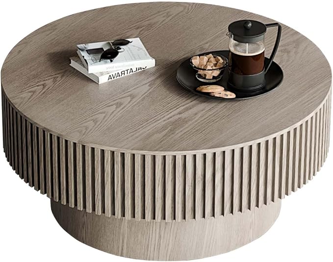 Round Coffee Table with Storage, Modern Wooden Coffee Table with Solid Wood Veneered, Circle Center Table Accent Tea Table for Living Room Apartment Small Space (31.5''L × 31.5''W × 14''H, Grey)