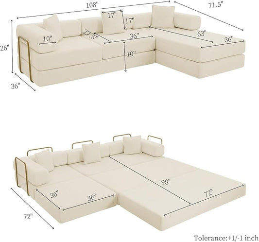 HANXIN 108" Modular Sectional Sofa, Futon Convertible Sofa Bed,Oversized Corduroy Boneless Couch for Living Room,Floor Loveseat Sleeper with Pull Out Bed,Free Combination,No Assembly Required (Beige)