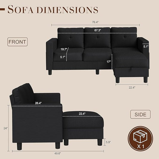 L Shaped Sectional Sofa with Reversible Storage Ottoman, Corduroy 3-Seat Convertible Couch for Small Apartment, Living Room & Studio Loft, Compact Modern Sofa with Side Pockets & Easy Assembly, Black