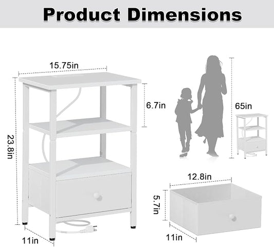 Side Table with Charging Station, Nightstand with Adjustable Fabric Drawer, Bedside Table for Bedrooms, Living Rooms & Home Decor (White)