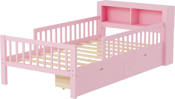 Kids Twin Size Bed Frame with Storage Drawers and Bookcase,Wood Twin Bed Frames for Kids,Twin Bed Frame with Headboard and Footboard for Boys Girls,No Box Spring Needed,Pink