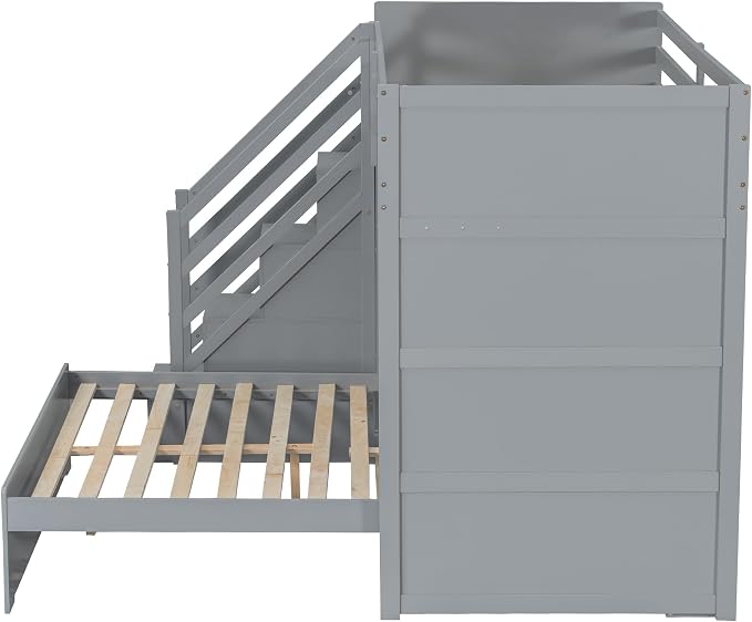RUNNA Twin Over Full Bunk Bed with Storage Stairs,USB,Light Gray | Twin over full bunk bed with storage stairs,USB charging station,light,solid wood,guardrails,no box spring needed,Light Gray