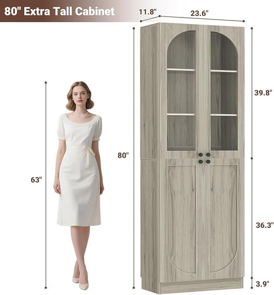 Cyclysio 80" Kitchen Pantry, Tall Arch Storage Cabinet with Tempered Glass & Soft Close Doors, Freestanding Wood Floor Cupboard Bookcase with Seamless Fit Wall for Dining Room, Living Room, Bathroom