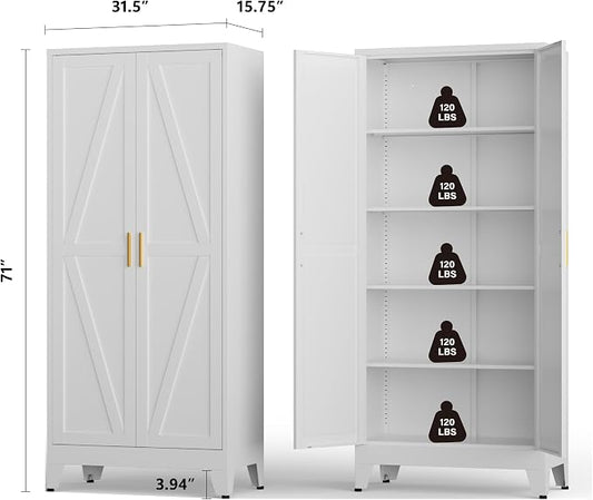 Metal Kitchen Pantry Cabinet,71" White Farmhouse Storage Cabinet with 2 Vintage Barn Doors and 4 Adjustable Shelves, Rustic Freestanding Cupboard for Kitchen,Home Office Living Room,Dining Room