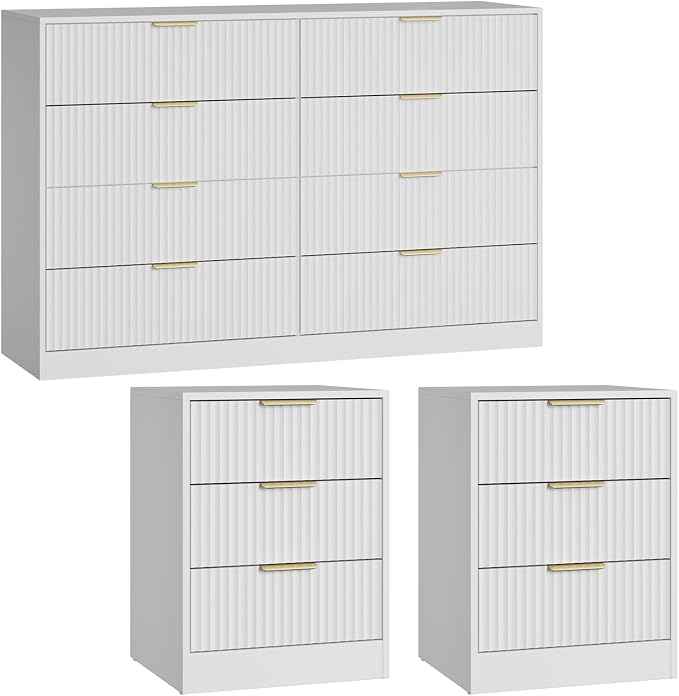 8 Drawer Dresser & Nightstand Set 3-Piece, 55” Wide Tall Fluted Dresser and Night Stand Set of 2 with Metal Handle, Modern Wood Chest of Drawers Storage Dressers Set for Bedroom, White