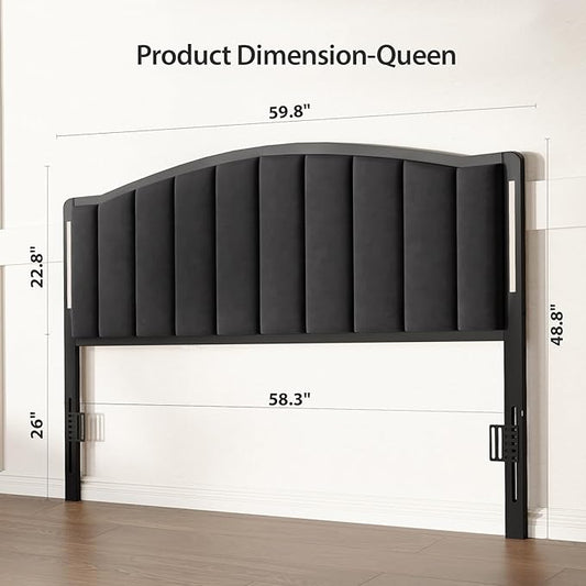 Headboard for Queen Size Bed with LED Lights, Upholstered Vertical Channel Tufting Head Boards, Velvet Headboard Only, Attach Frame, Ideal for Bedroom, Dorm, Guest Room, Black