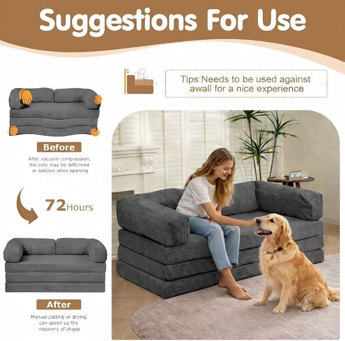 Convertible Sofa Bed King,5-in-1 Folding Boneless Couch Corduroy Futon Sofa Bed,Tri-Fold Mattress with Removable Armrests & Handle,Sleeper with Pull Out Bed for Small Space Living Room Bedroom