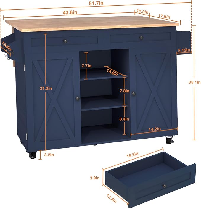 HLR Kitchen Island On Wheels, Blue Rolling Kitchen Island Cart with Solid Wood Drop Leaf Prep Table, Barn Door Kitchen Islands with Storage Cabinet and Tower Rack, Island Table for Kitchen