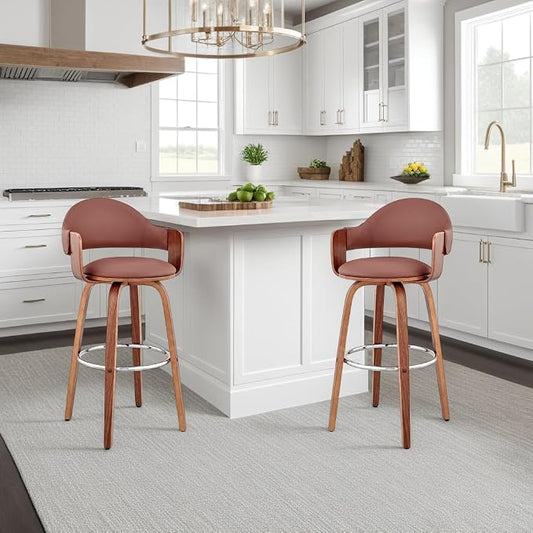 Armen Living Daxton Mid Century Modern Swivel Bar Stool for Kitchen Island Counter in Brown Faux Leather and Walnut Wood, 26" Seat Height