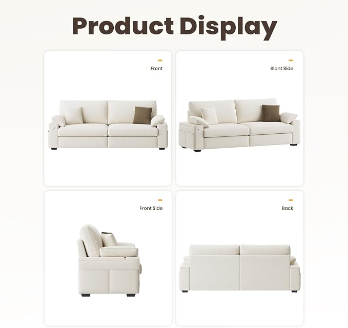 MALOL 89" Loveseat Couch, 3 Seater Upholstered Midcentury Mondern Love Seat with USB Type C Ports, 4 Pillows and Storage Armrest Cloud Foam Sofa for Living Room/Small Spaces, Beige | Breathable material