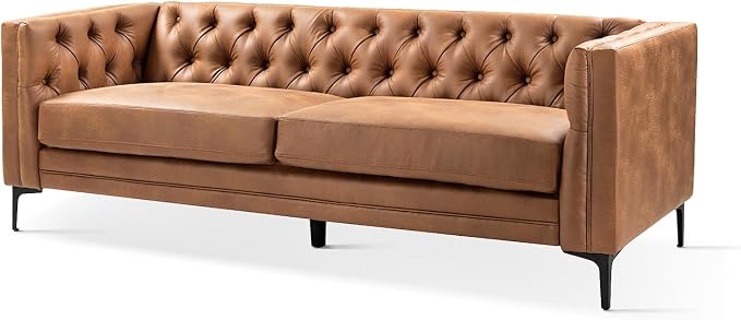 HULALA HOME 84" W Faux Leather Sofa Couch with Metal Legs, Button-Tufted 3-Seater Sofa, Mid Century Modern Upholstered Couch for Living Room, Entertainment Area, Apartment,Camel