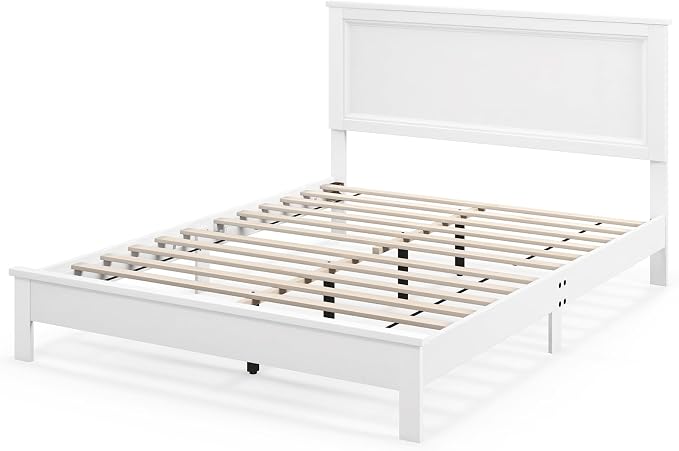 Giantex Wood Queen Platform Bed Frame with Headboard, Mid Century Bed Frame with Solid Wood Legs & Wooden Slat Support, No Box Spring Needed, White Bed