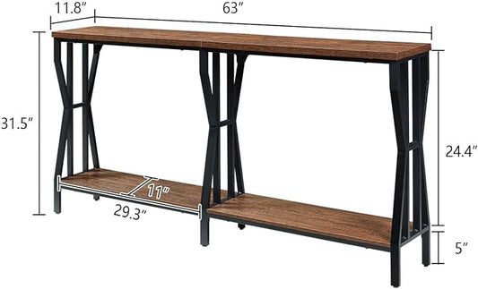 HOMISSUE Sofa Console Table, 63" Extra Long Sofa Table with 2-Tier Storage, Industrial Narrow Console Tables Behind Couch, Hallway Table for Entryway, Living Room, Rustic Brown
