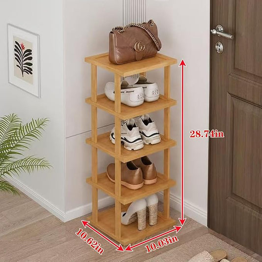 SAN HE Bamboo Shoe Rack 5Tier- Vertical Shoe Rack for Small Spaces, Tall Narrow Shoe Rack Organizer for Closet Entryway Corner Garage and Bedroom,Skinny Shoe Shelf with Free Stackable DIY